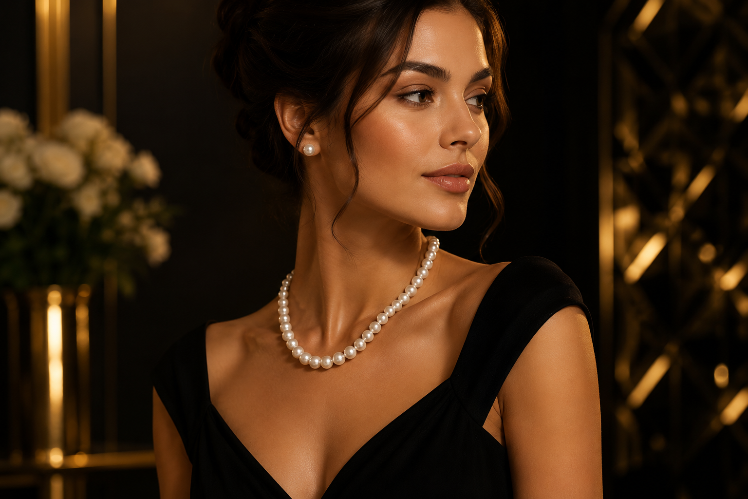 Sophisticated woman in a black evening dress wearing a complimentary cultured pearl necklace — Diamond Buyers Edge Grand Opening Bonus
